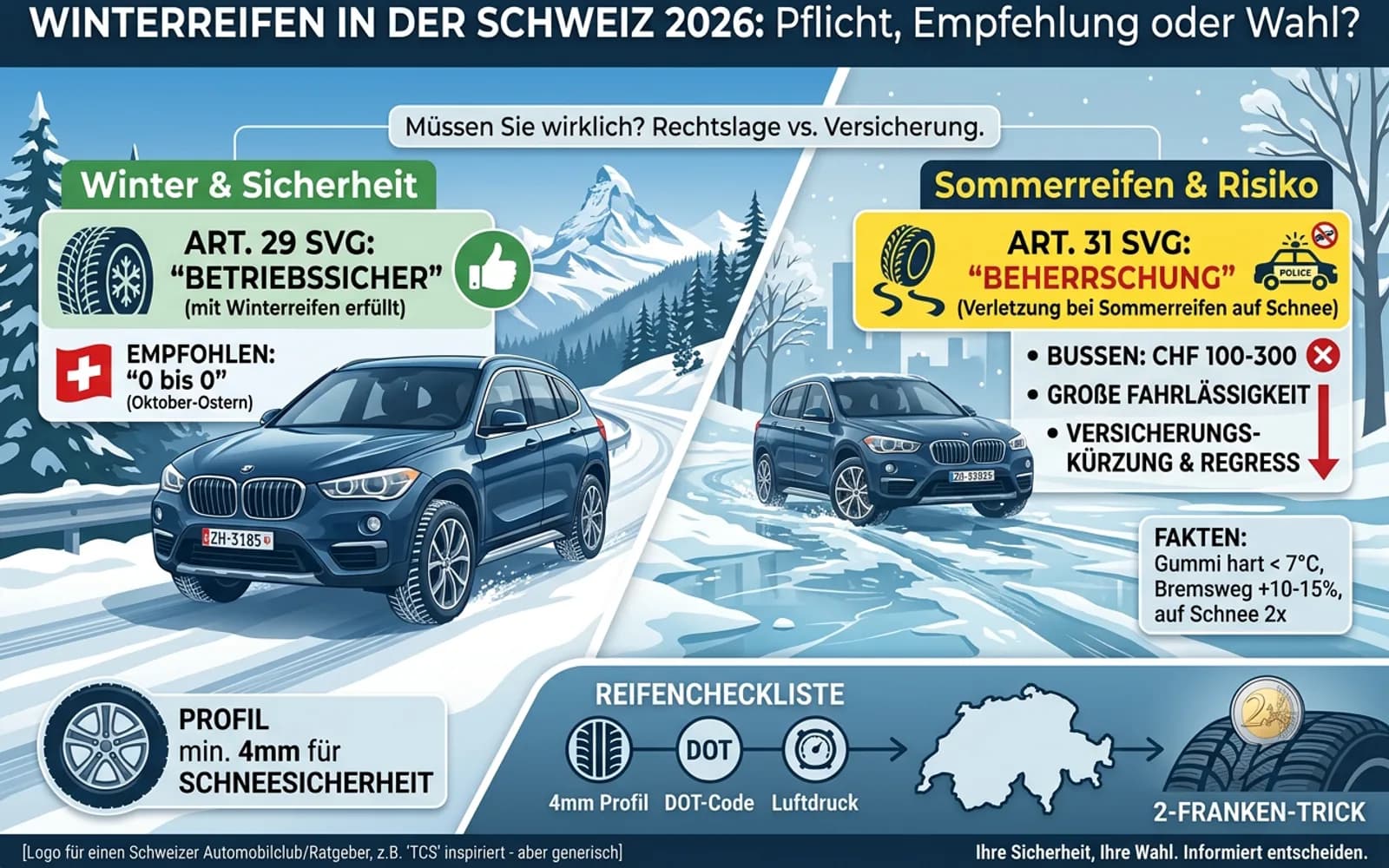 Winterreifen in der Schweiz — O-bis-O-Regel und Versicherungsfolgen bei Schnee